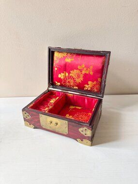 Vintage Chinese Wood Brass Jade Red Satin Lined Jewelry Box